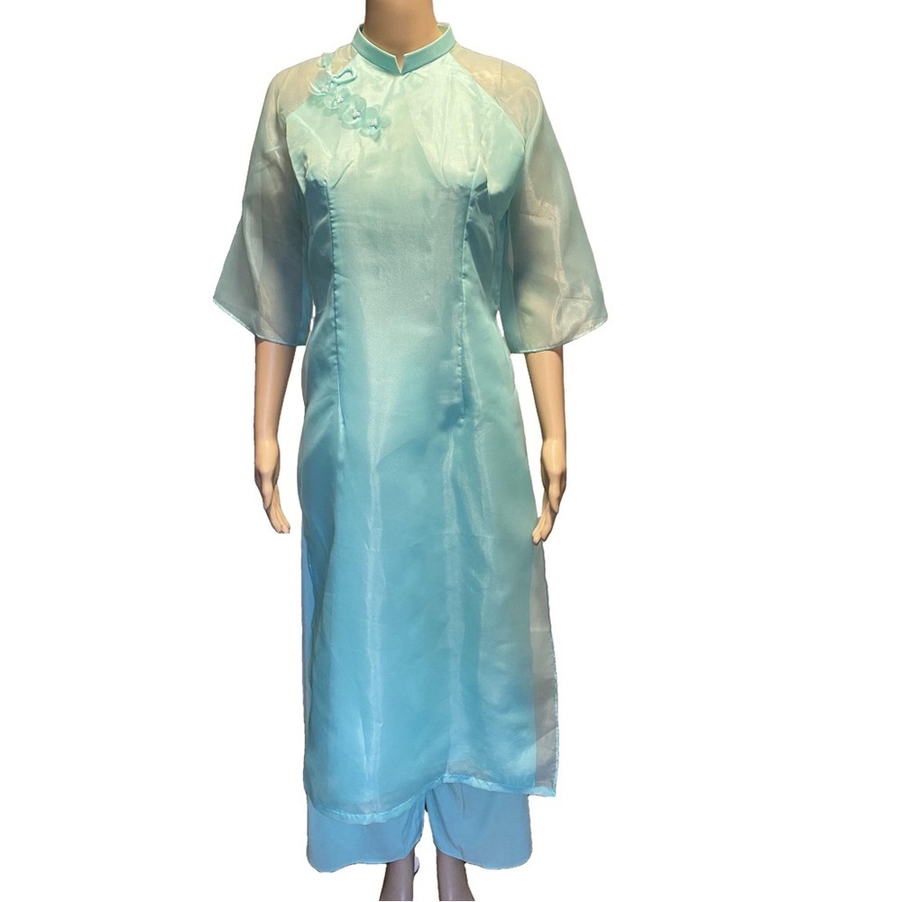 NWOT Turquoise Vietnamese Chiffon Ao Dai Dress & Pants US Size 5.5/EU Size 36